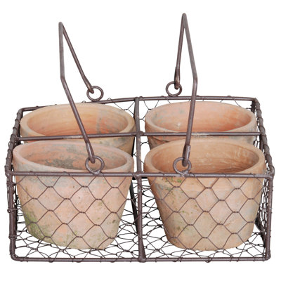 4 Aged Terracotta Pots in Wire Basket