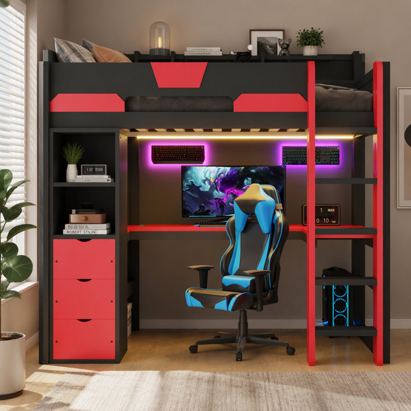 Lit mezzanine en bois pour lit simple avec bureau en U, lumières à DEL intelligentes et ports USB, Lit simple, Noir et rouge