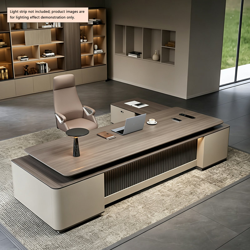 Bureau de direction moderne et luxueux de 260 cm avec armoire latérale – Table de bureau en panneaux de particules pour bureau de PDG