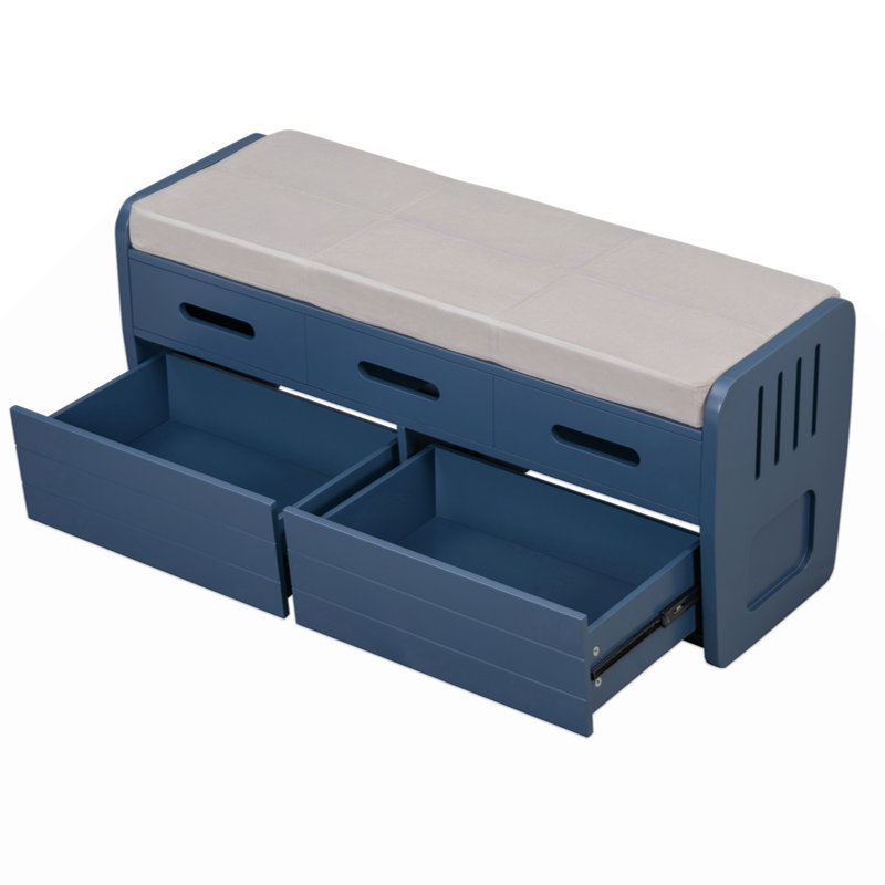 Rustic Storage Bench With 2 Drawers, Hidden Storage Space, And 3 False Drawers At The Top, Shoe Bench, Navy