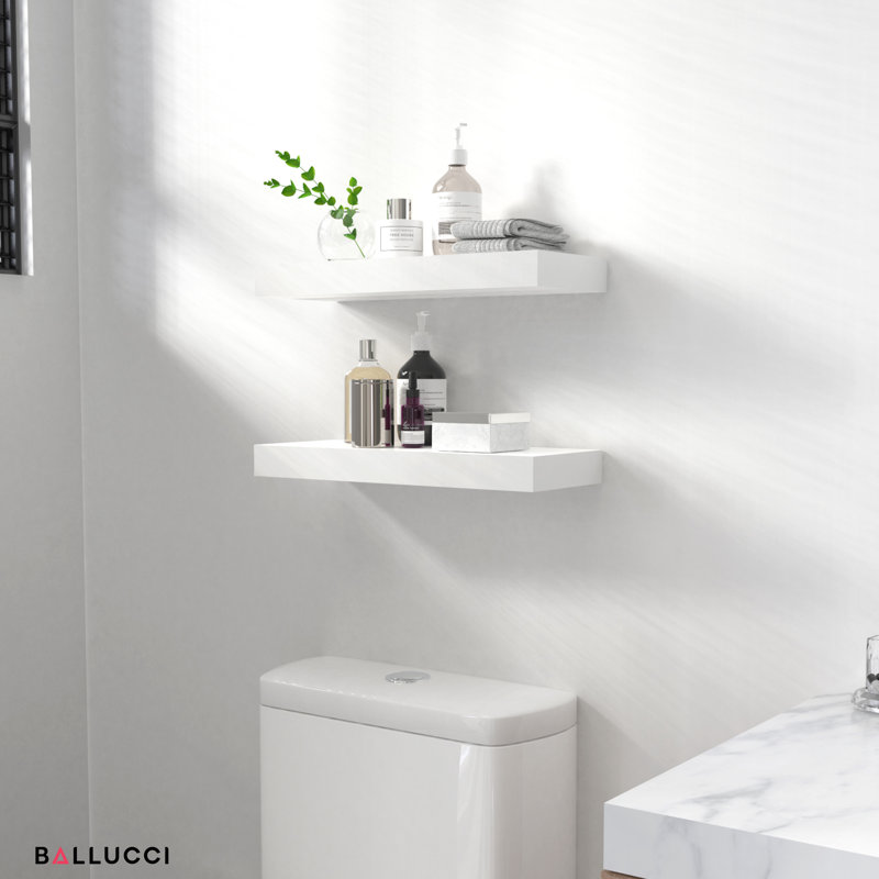 White Veneered 16" Floating Wall Shelves with Invisible Brackets, 2-Pack