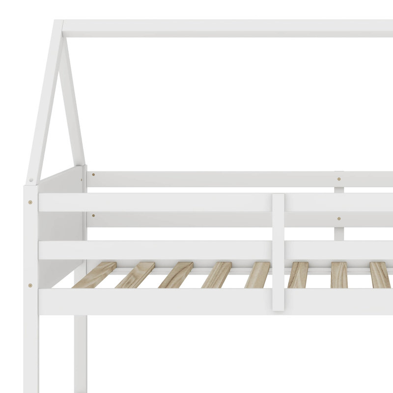  Heddo Twin Over Twin House Floor Bunk Bed Frame, White