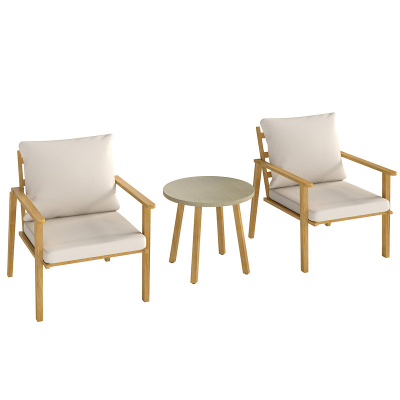 Ensemble bistro pour 2 personnes avec coussins, ensemble bistro extérieur, ensemble de patio en métal effet bois blanc crème
