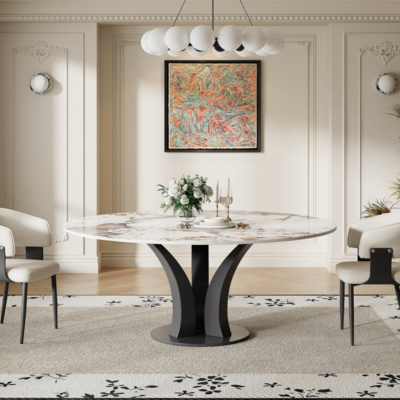 59.06'' Modern Round Dining Table, White Glossy Sintered Stone Tabletop, Black Stainless Steel Legs for 6-8 Person