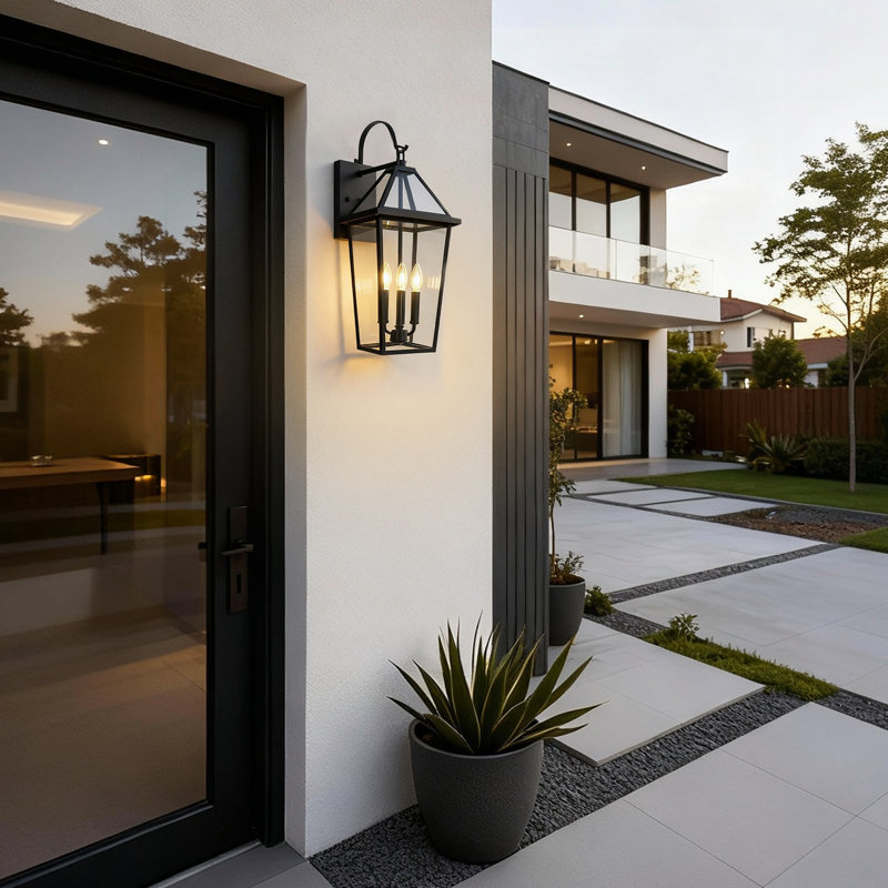 26 In. 3-Light Black Outdoor Hardwired Wall Lantern Sconce With Clear Glass Shade