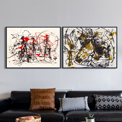 Framed Canvas Giclee Print Art Combo Painting 2 Pieces Series #06 by Jackson Pollock Wall Art for Living Room Home Office Decorations(Black Slim Frame,24"x32")