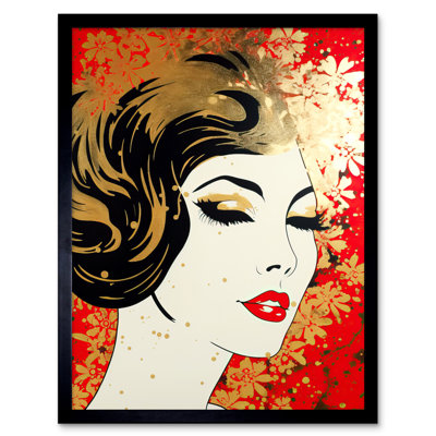 Leela Woman Face Retro Glam Aesthetic Gold Flower Pattern Portrait - Single Picture Frame Print