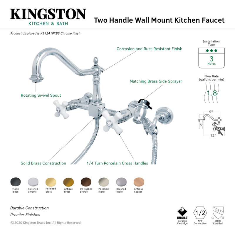 Kingston Brass Heritage Double-Handle 3-Hole Wall-Mount Bridge Kitchen Faucet with Brass Sprayer, Brushed Nickel