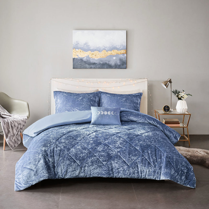 Housse de couette luxueuse en velours pervenche avec oreiller et design pour une chambre à coucher élégante, Bleu
