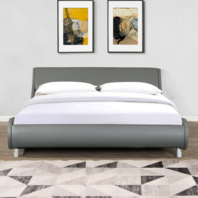Faux Leather Upholstered Queen Bed Frame, Curve Shape, Wood Slat Foundation, No Box Spring, Effortless Setup Procedure, Grey Modern Bed, Design, Strengthen, Easy Assembly Task