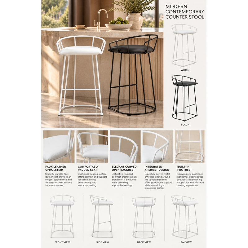 Arikka Upholstered Faux Leather Counter Stool, Black, Counter Stool (26.5" Seat Height)