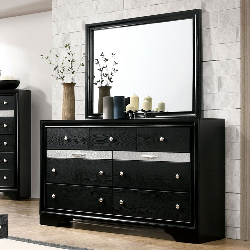Ensemble de commode à 9 tiroirs avec miroir Sana, Noir