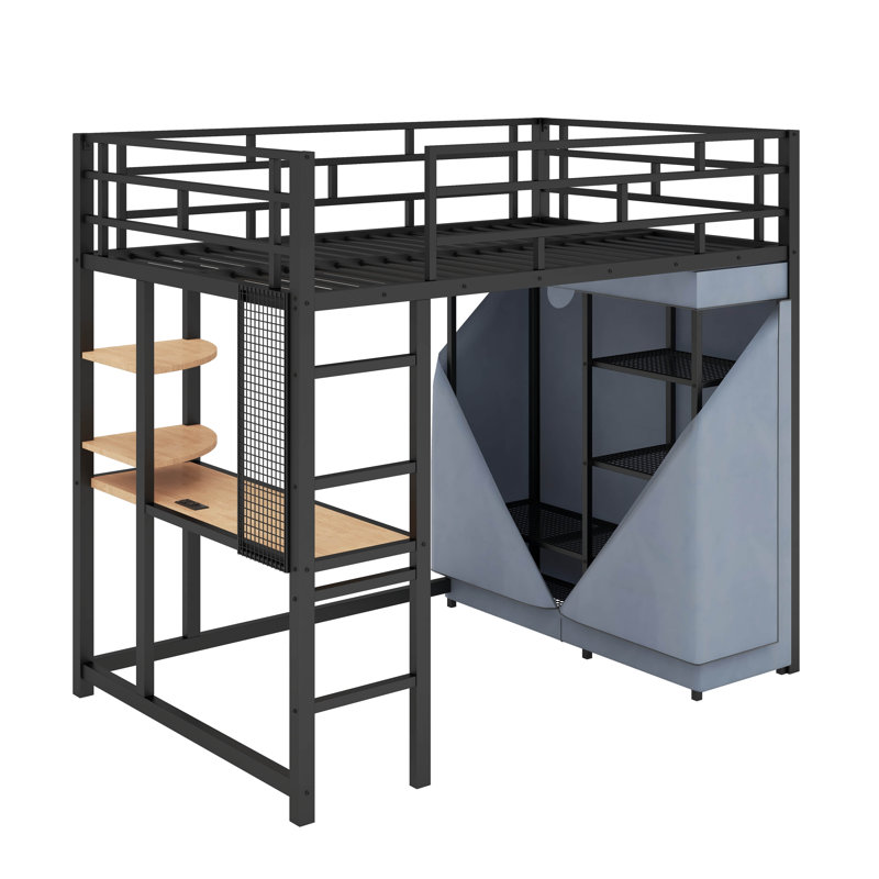 Lit mezzanine en métal avec bureau, tablettes, prise de courant, DEL et garde-robe, Lit simple, Noir, noir, noir, noir