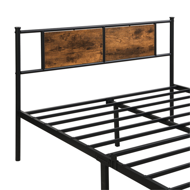 Queen Size Bed In Metal - Modern Design, Wood Headboard, Noise-, Under Storage, Easy Assembly, 450Lbs Weight Limit, Black + Brown Bedframe And Quiet, Panel Fits All Mattress Types, Capacity,