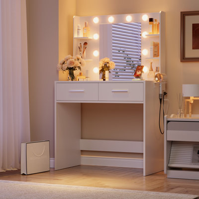 31.5" Makeup Vanity With 3-color Led Mirror, Power Outlet, Hair Dryer Holder, 2 Drawers, Optional Stool by Ebern Designs