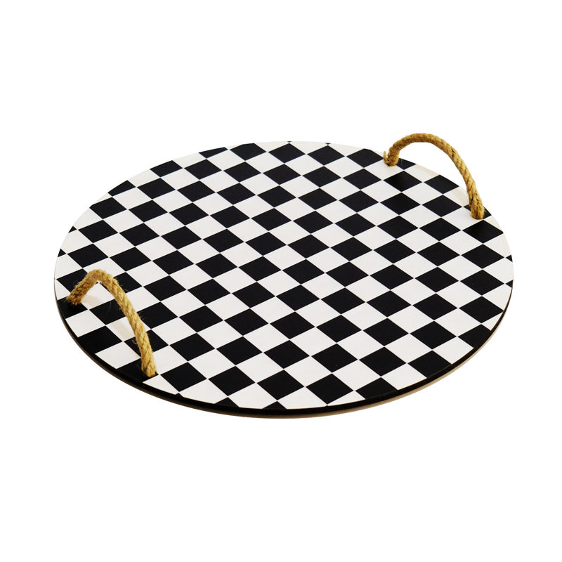Elegant 100% Wooden Serving Tray with Knitted Holder, Black & White, 13.6 x 13.6 x 0.2 inches | Stylish and Functional for Entertaining | Perfect for Home Decor and Serving Snacks | Not Dishwasher or Microwave Safe