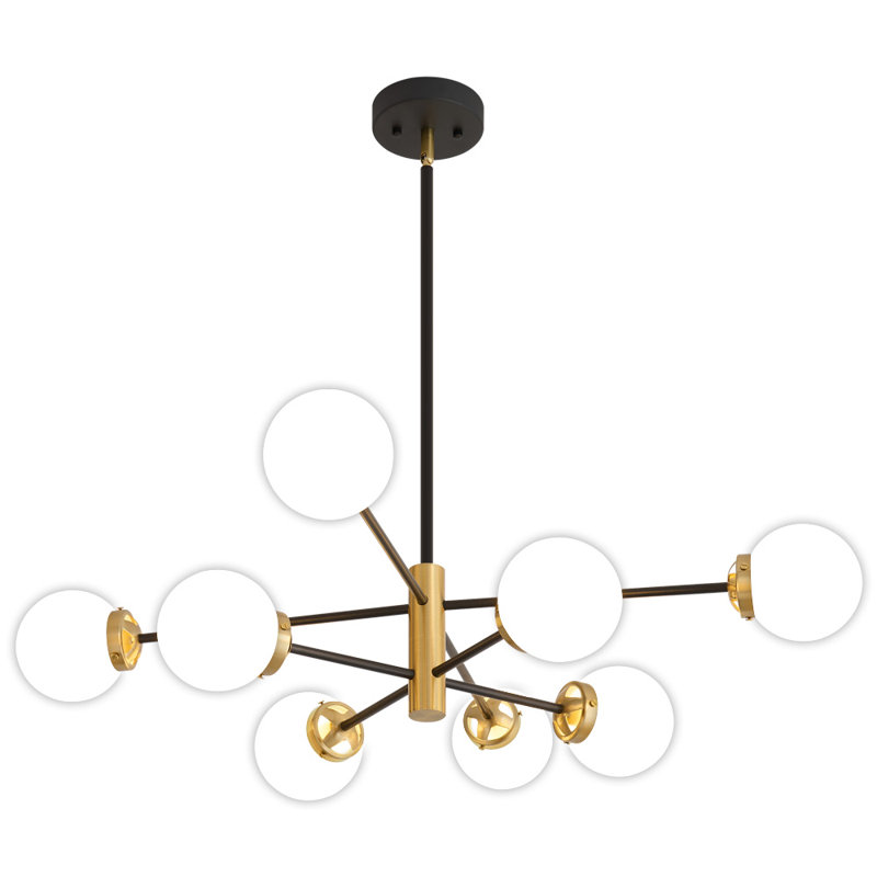 Lustre moderne Spoutnik à 8 lumières Surjit avec abat-jour en verre blanc laiteux, Noir / or