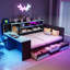 Lit de jour de jeu double avec bureau et lumières intégrés, base de lit en bois moderne avec 3 tiroirs de rangement et station de charge intégrée, bibliothèque multifonctionnelle noir et bleu