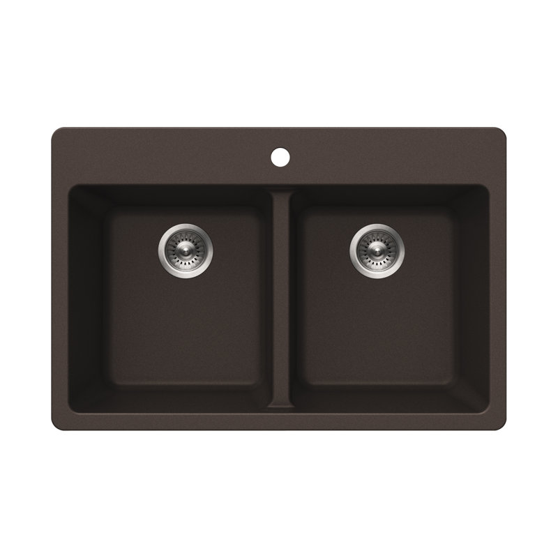 Houzer 33 in Granite Composite Topmount 50/50 Double Bowl Kitchen Sink, Mocha