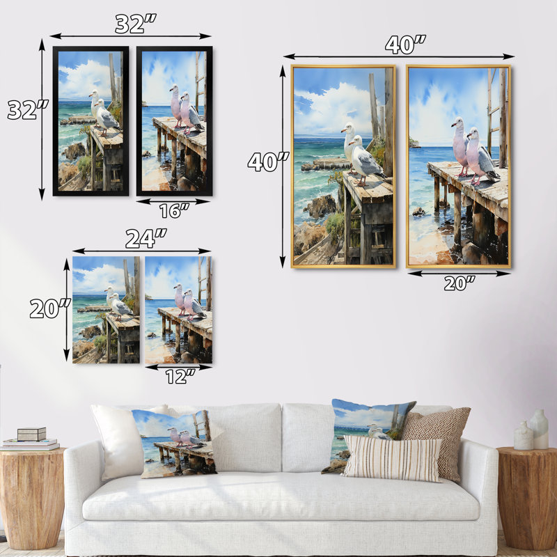 «Seagulls In Repose At Beach» 2 - Pièces sur, Encadrement doré, H 32 po x l 32 po