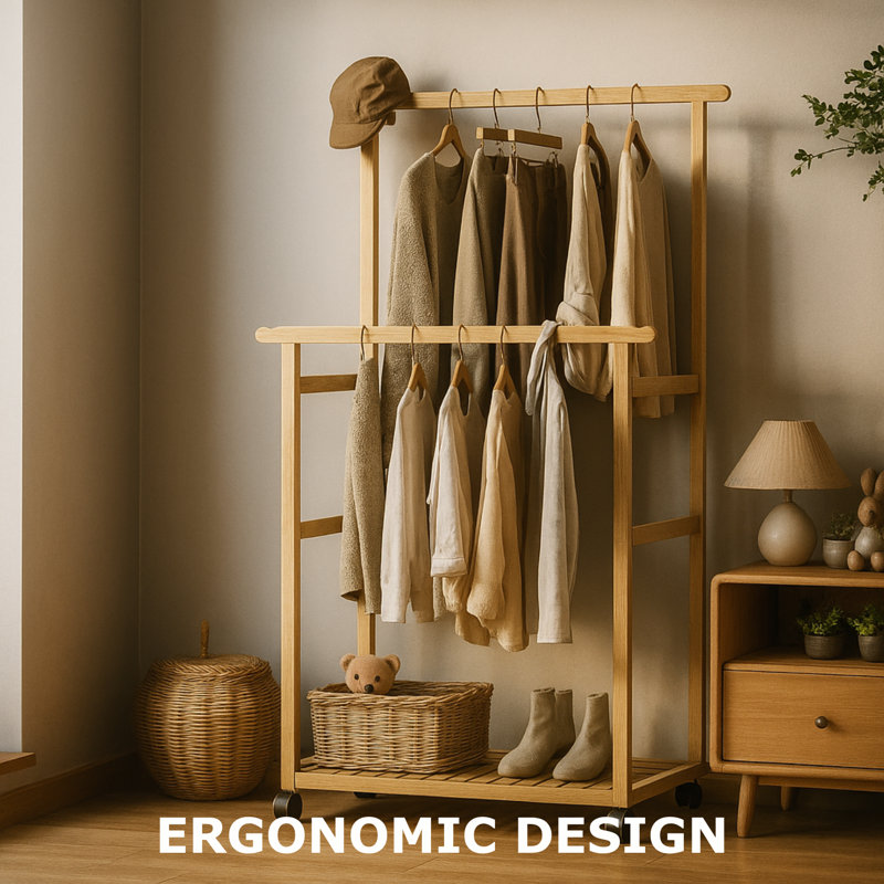 Foxdale Portable Natural Bamboo Wooden Clothes Rail, Open Wardrobe, Clothes Rack, Garment Rack Shoe Storage