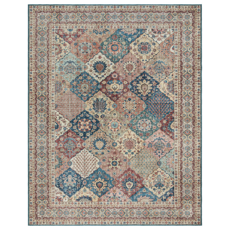 Cinzia Red and Blue Patchwork Washable Synthetic Area Rug 8' x 10'