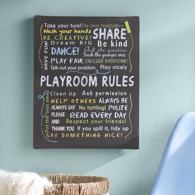"Jaskeerat Colored Playroom Rules", art textuel sur toile, H 15 po x l 10 po x P 0,5 po
