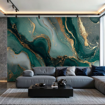Papier peint adhésif pelez et collez vert or abstrait feuille d'or marbre vert émeraude vert foncé art mural moderne auto-adhésif et amovible