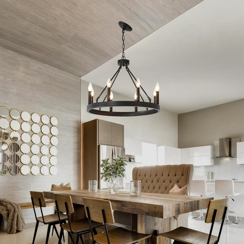 Lustre à roulettes Farmhouse avec design industriel à 8 lumières, chaînes de suspension réglables et cadre en fer rustique pour la salle à manger, le salon et le vestibule
