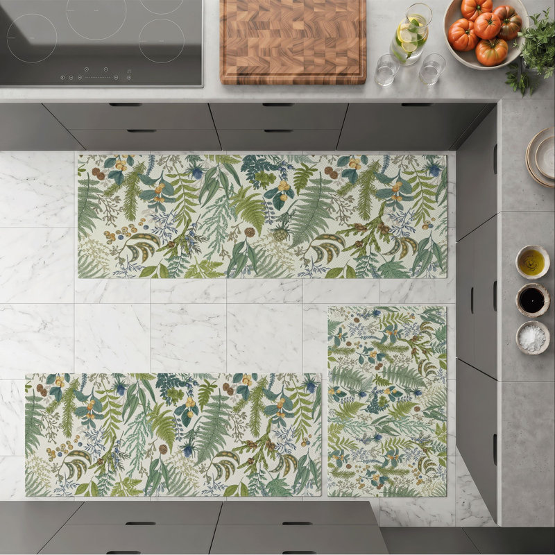 Botanical Green Non-Slip Washable Kitchen Mats