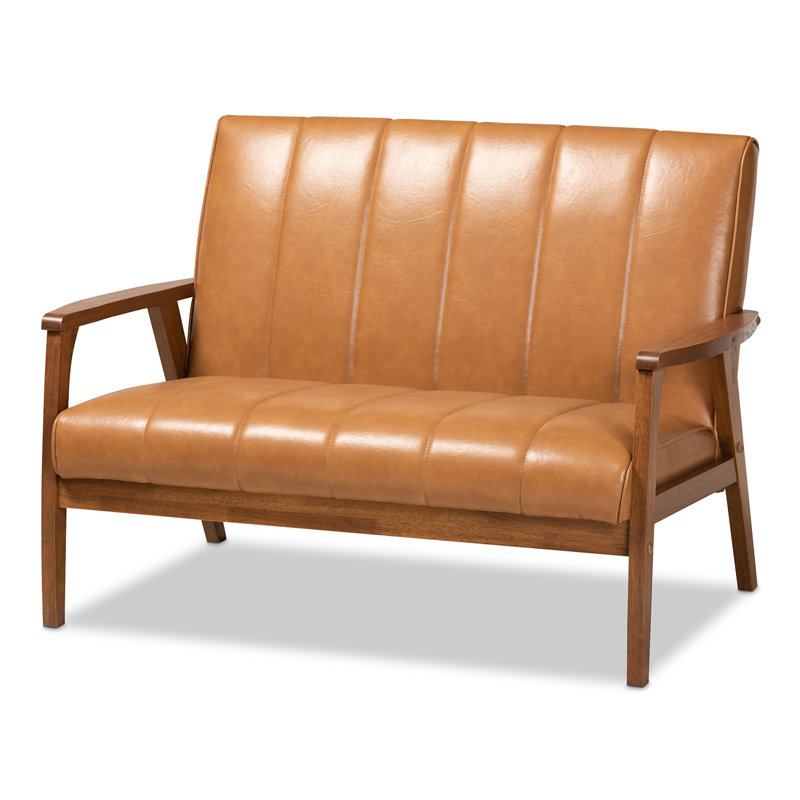 Nikko Mid-Century Modern Tan Faux Leather Loveseat with Walnut Wood