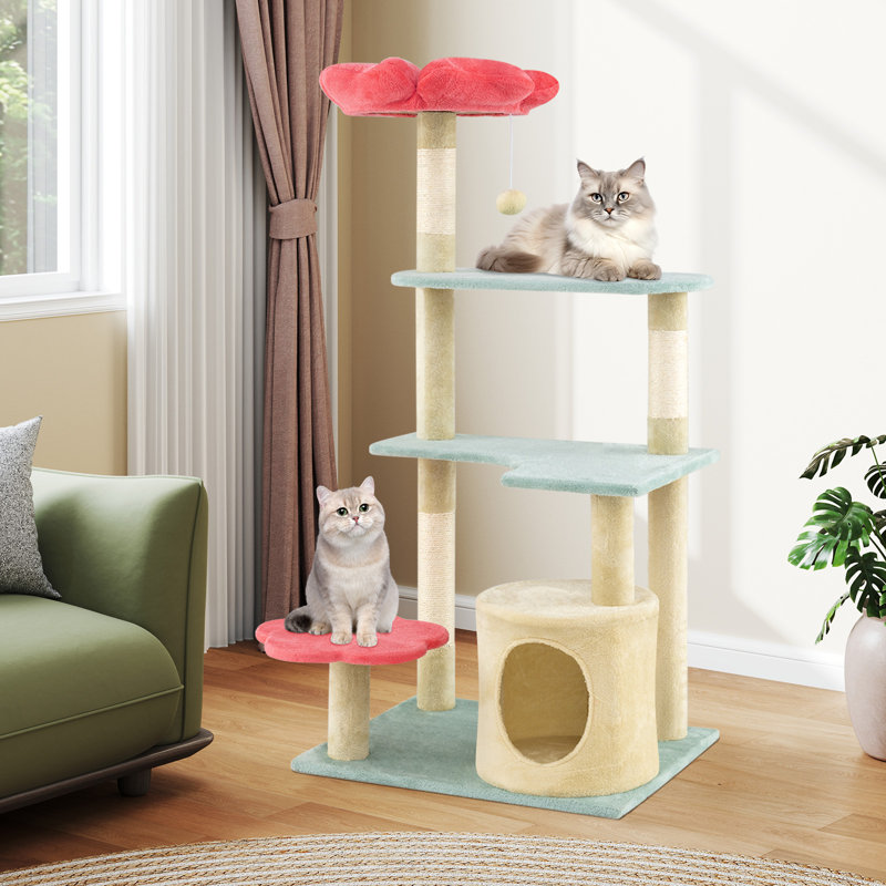 Arbre à chat 49 po rose avec poteaux à griffer en sisal