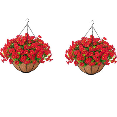 2Pcs Artificial Hanging Flowers Baskets Fake Plants for Outdoors Porch Decor, 24 Pcs UV Resistant Faux Silk Morning Glory Eucalyptus with 2 Hanging Planters Realistic for Outside Patio Outdoor