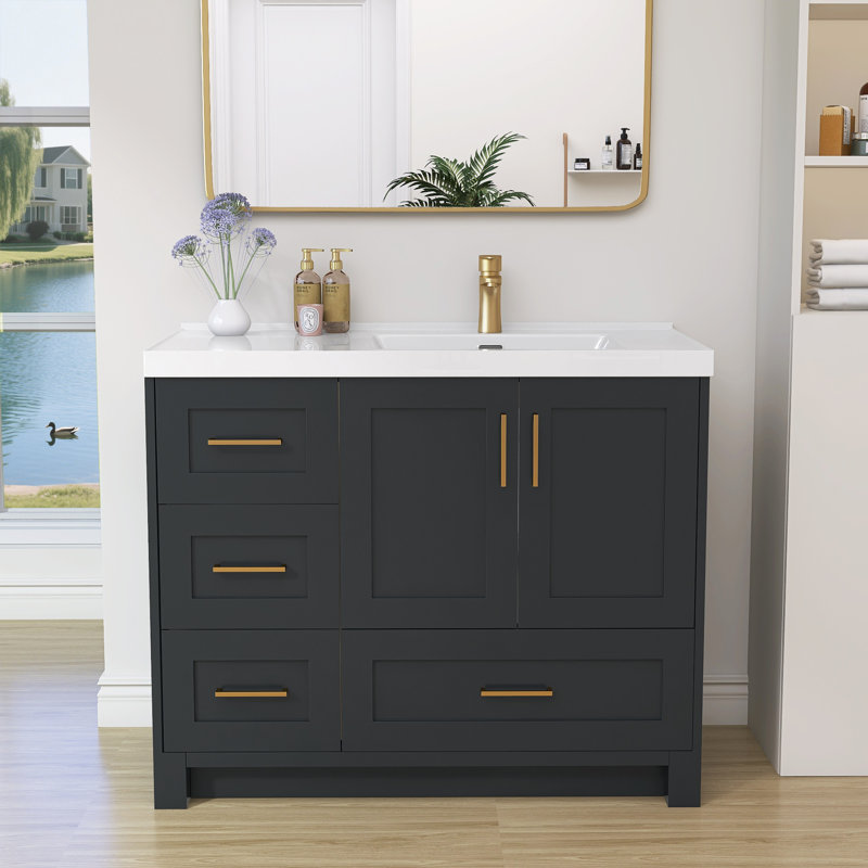 Plateau de meuble-lavabo à surface solide de 42 pouces avec lavabo simple intégré à droite, comptoir épais blanc vif de 2 po, rebord surélevé et dosseret