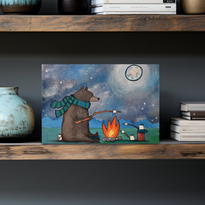 Bear Campfire Night Abstract Contemporary Bear Forest Landscape Wall Art Print by Andrea Doss - Wrapped Canvas Print