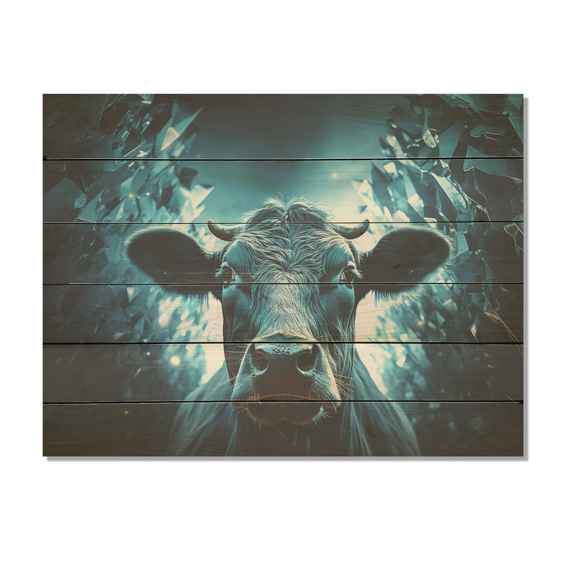 Blue Cow Flow Portrait - Cow Wood Wall Art On Natural Pine Wood, 10" H x 20" W