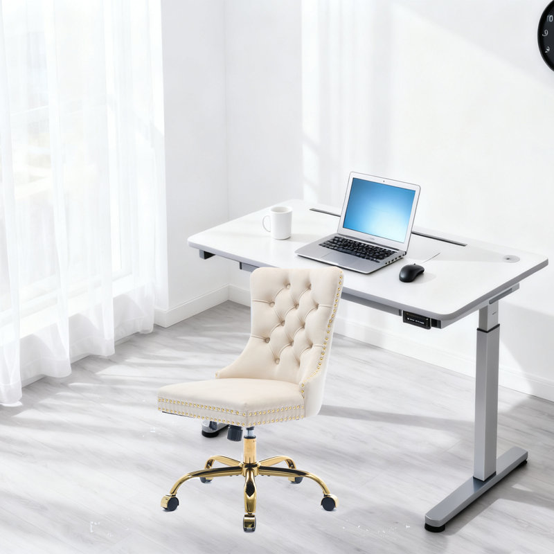 Office Chair,Modern Velvet Upholstered Tufted Button Home Office Chair with Golden Metal Base,Adjustable Desk Chair Swivel Office Chair