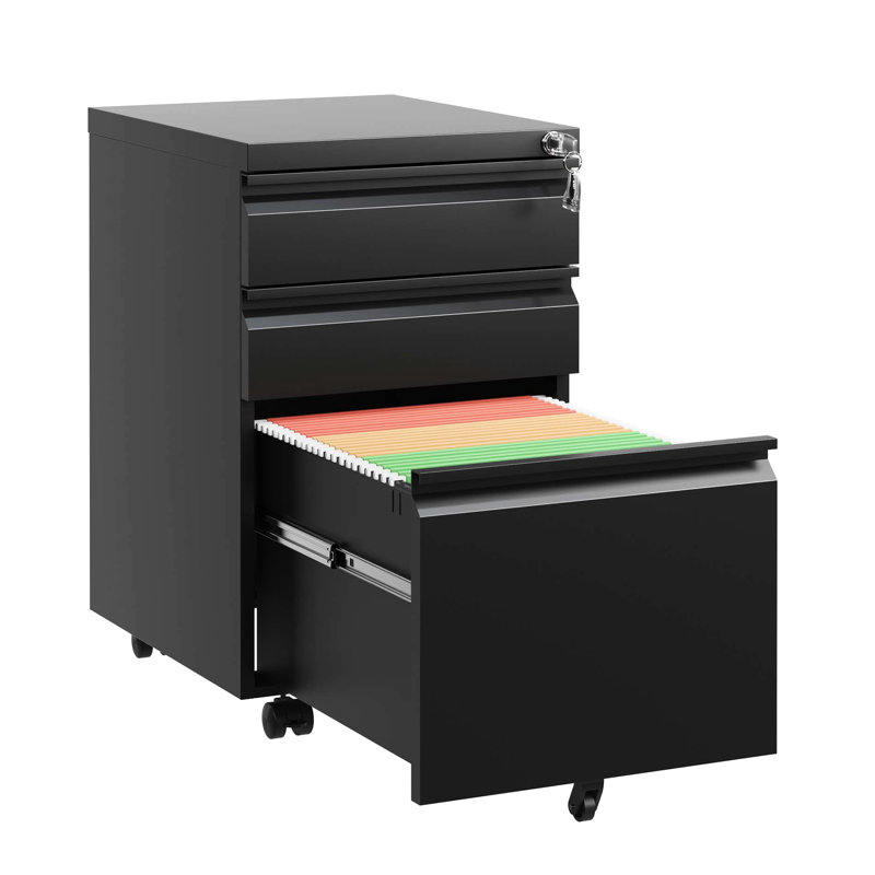 Classeur verrouillable en métal pour bureau, 3 tiroirs, noir, entièrement assemblé, intérieur spacieux, classeur mobile à mobilité douce, métal, matériel de bureau sécuritaire, mouvement