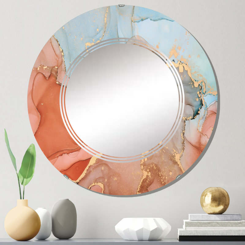 Brun et turquoise liquide Art I - Miroir mural moderne rond, 24 po x 24 po