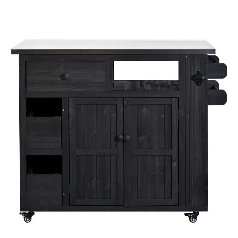 Outdoor Extendable Kitchen Island with Stainless Steel Top, Side Spice Rack, Drawers, and Storage Cabinet for Backyard, BBQ, or Parties