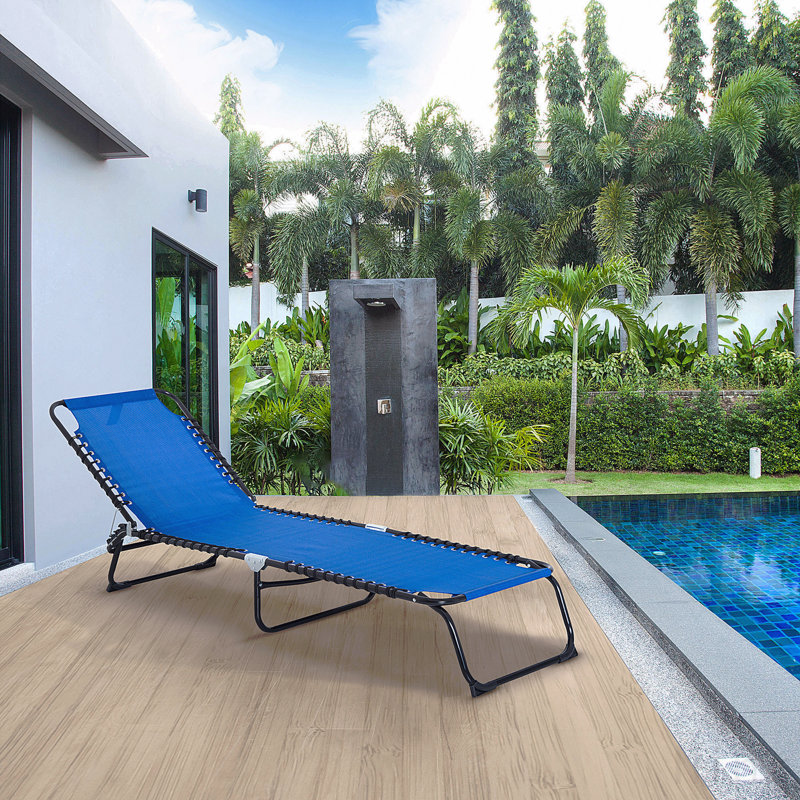 Folding Chaise Lounge Pool Chair, Patio Sun Tanning Chair, Outdoor Lounge Chair With 4-Position Reclining Back, Breathable Mesh Seat For Beach, Yard, Patio, Dark Blue