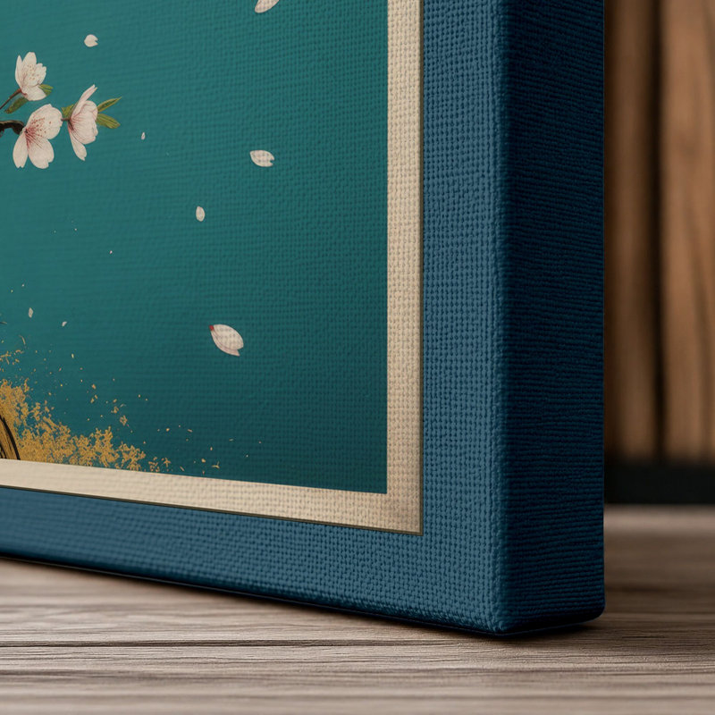 Gilded Branch in Bloom Japandi - Wrapped Canvas, 36x24 - 91.4 x 61.0 cm, Teal Border