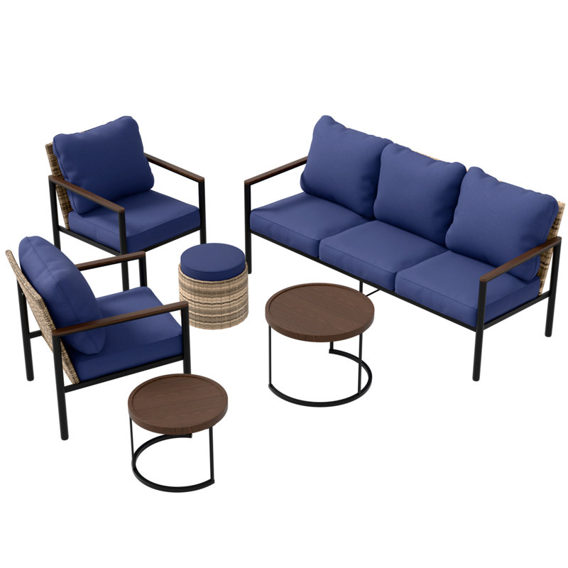 5 - Person Outdoor Seating Group with Coffe Table and Ottoman, Blue, Yes