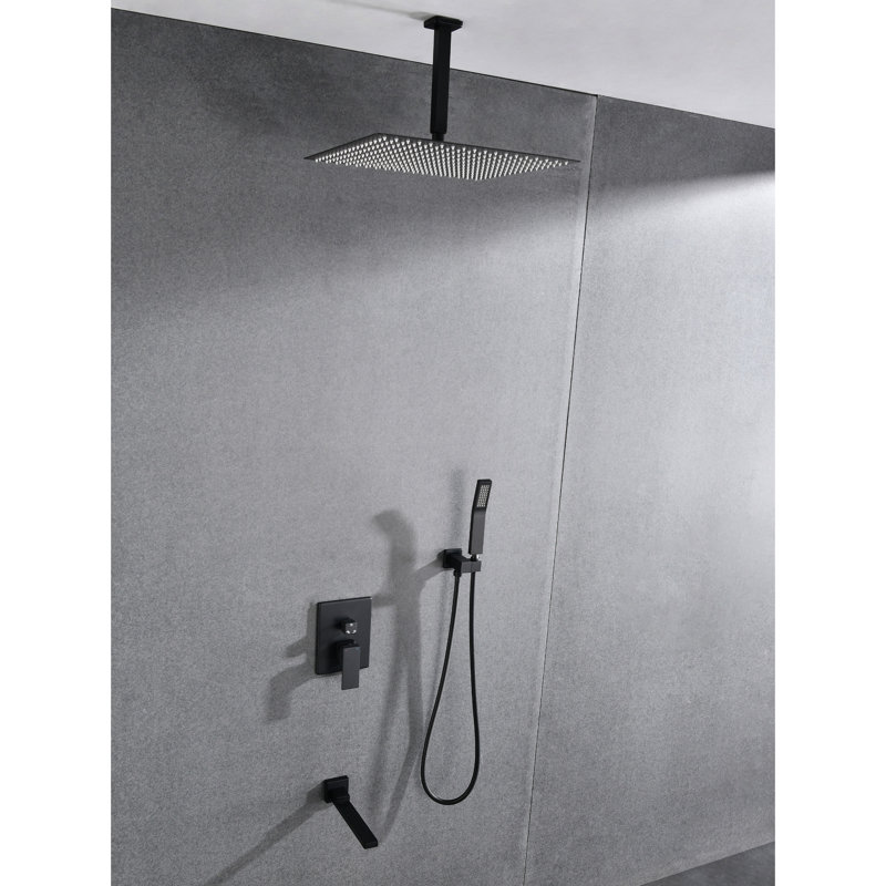 Douche de plafond avec douchette et tête de 16 po - Nickel brossé, acier inoxydable, buse autonettoyante qui préserve un conduit d'eau lisse, douche naturelle, conforme aux normes American Standard