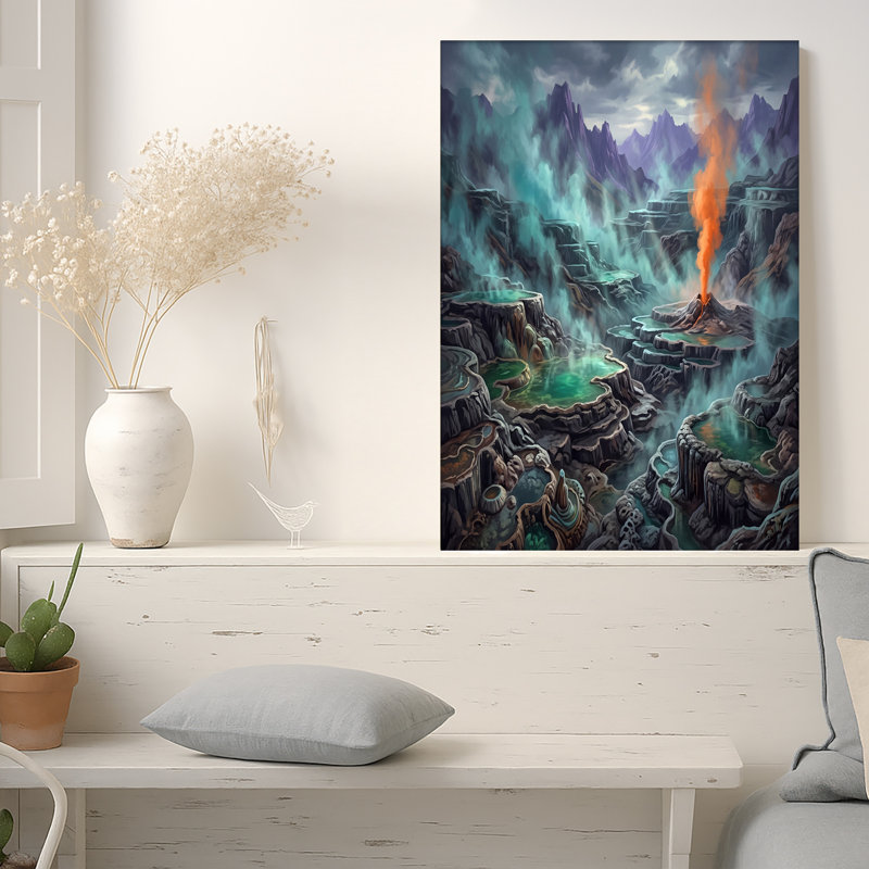 Art mural sur toile, montagnes avec piscines sarcelle en terrasses et fumée orange, 24"H x 36"W