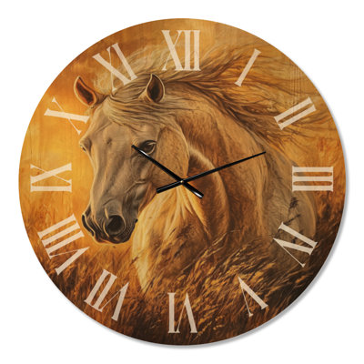 Très grande horloge murale en bois sauvage - étalon doré