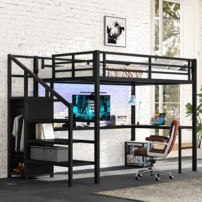 Lit mezzanine double noir avec bureau en forme de L, conduit, garde-robe, escalier et tablette réglable, espace, conçu pour les adolescents à la mode adultes, facile à assembler en métal noir, conçu pour éviter les obstacles