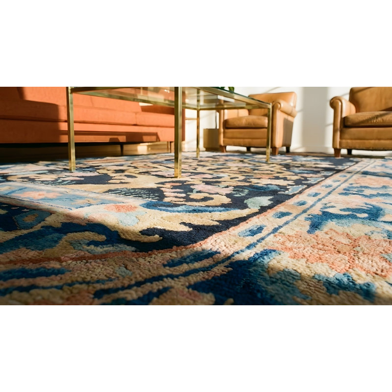 Tapis bleu antique antique en laine Art déco