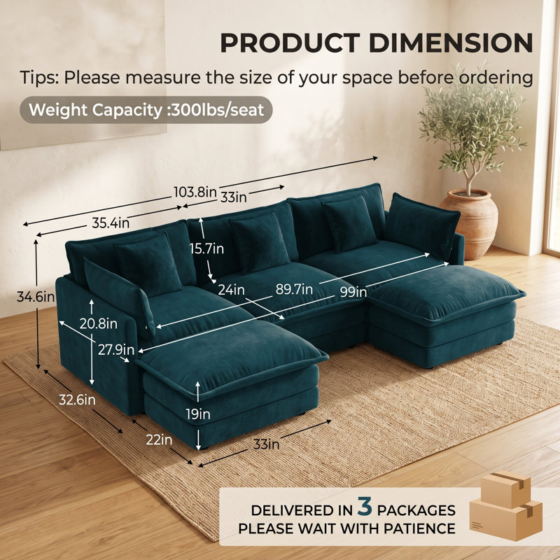 Canapé d'angle modulaire surdimensionné 3 places en chenille avec 2 poufs, design lounge à double méridienne