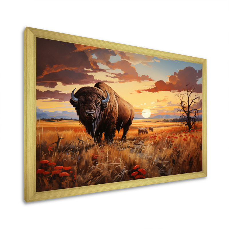 Native American Art Bison Prairies I Framed On Canvas Print, H 34 po x l 44 po x P 1,5 po, Cadre doré à une seule photo